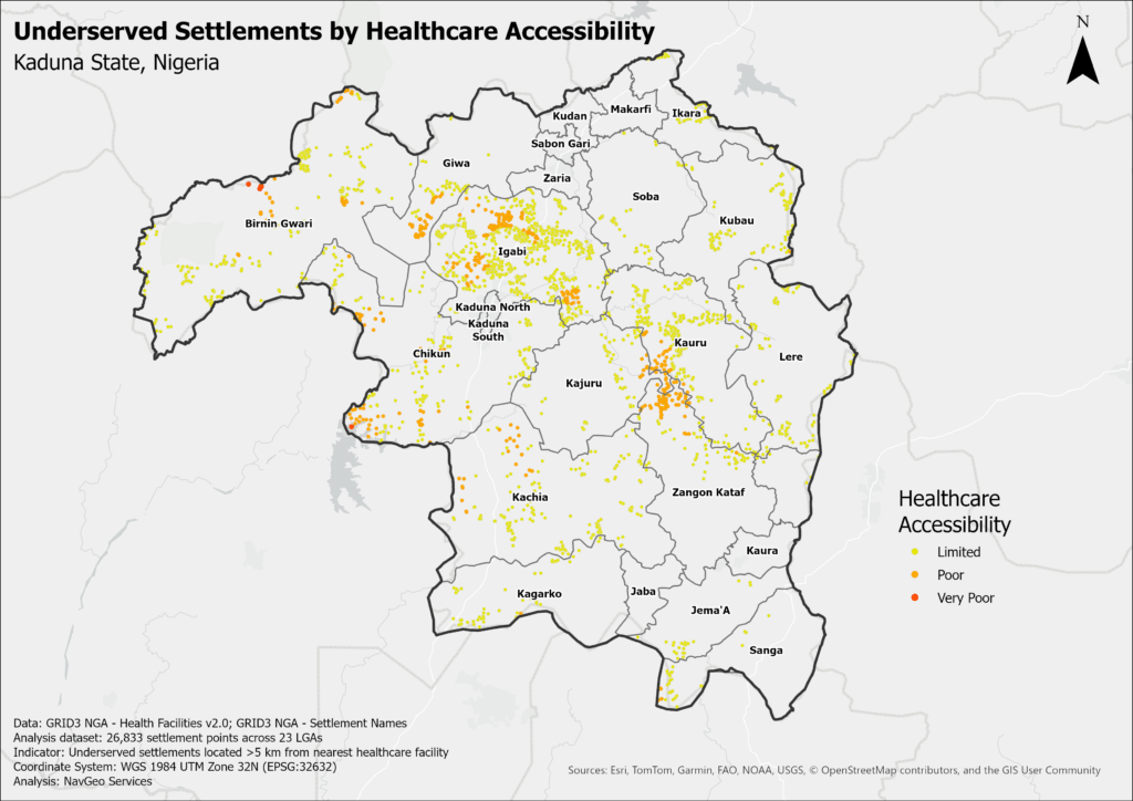 Underserved settlements by healthcare accessibility across Kaduna State, Nigeria